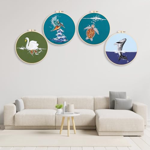 Image of Picoey Embroidery Kit for Beginners with Animal Pattern and Instructions,4 Pack Cross Stitch Kits,2 Wooden Embroidery Hoops,Threads and Needles,Needlepoint Kit