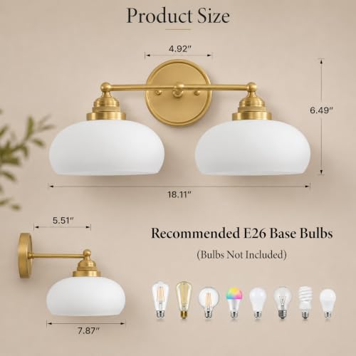 Image of Vintage Milk Glass Wall Sconce,2 Lights Antique Brass Bathroom Vanity Light | Mid Century Modern Gold Bathroom Sconce over Mirror,Milk White Glass Wall Lights Decor Lamp for Bedroom Living Room Hallway