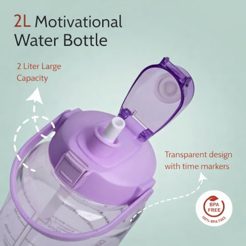 Image of Motivational Water Bottle 2 Litre with Time Marker | Leak Proof BPA Free Gym Bottle | Sports Drinking Bottle with Straw & Handle for Office, Gym, School (purple)