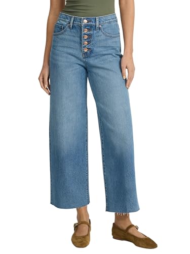 EXPRESS Women’s Wide-Leg Ankle Jeans – High Waisted Stretch Denim, Raw Hem – Medium Wash