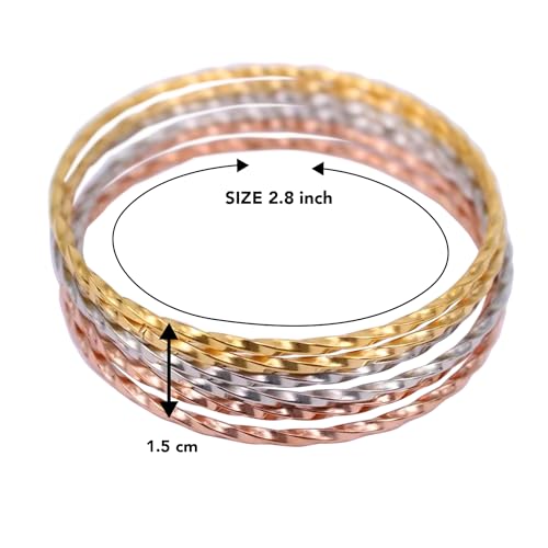 Image of Peora Silver Gold & Rose Gold Plated Metal Bangles Bracelet Fancy Gift for Women (6 Pcs. 2.6 inch)