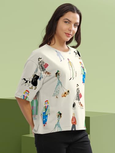 Image of HELLCAT Beige Printed Loose Fit Crew-Neck Crop T-Shirt for Women