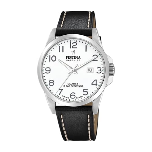Festina Swiss Made Montre Homme Analogique Cuir Noir - Quartz Date - Verre Saphir Résistant - Étanche 10 ATM Élégante - F20025/1 Classic Leather