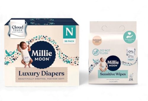 Image of Millie Moon Luxury Cloud Touch Diapers (Newborn-Size and count-96) Sensitive Wipes of Embossed Cloth (3 Pack Each-72count)