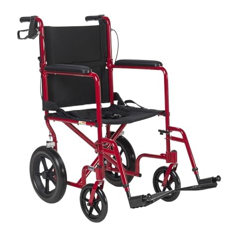 Drive Medical EXP19LTRD Lightweight Expedition Folding Transport Wheelchair with Hand Brakes, Ultra Lightweight Transport Chair for Seniors and Adults, Red Cover