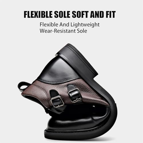 Men's Leather Buckle Low Heel Chelsea Boots Classic Round Toe Side Zipper Non-Slip Dress Business Booties for Driving Office Work2