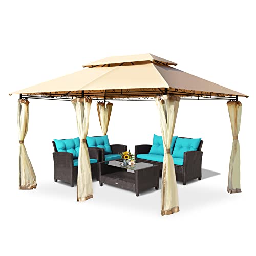 GYMAX Tonnelle de Jardin avec Double Toit, Moustiquaires Amovibles, Tente de Réception Imperméable avec Cadre Robuste, Pavillon de Jardin pour Mariages, Pique-niques, Fêtes (Brun)