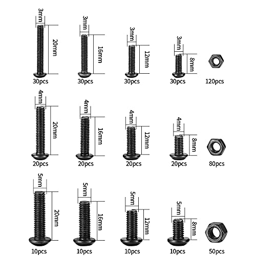 500 Stück M3 M4 M5 Schrauben Set, Linsenkopfschrauben Sortiment Set, schwarze Innensechskant Schrauben Muttern Set, Gewindemaschinen Innensechskantschrauben mit Muttern (500)