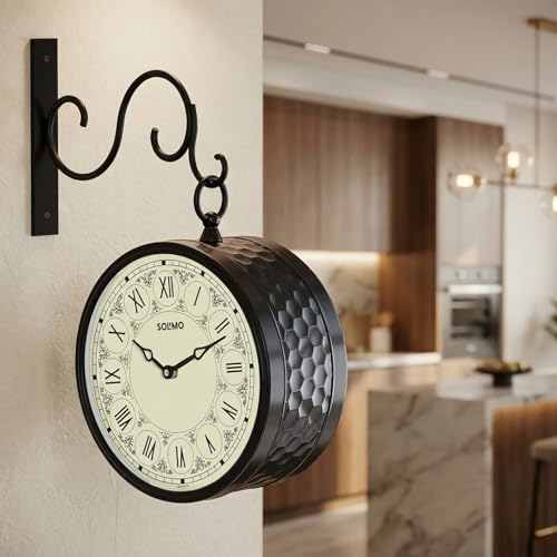 Image of Amazon Brand - Solimo Double Sided Vintage Station Wall Clock, one Side Roman and Other Side Numeral dial (8 Inches, Black) Metal, Analog