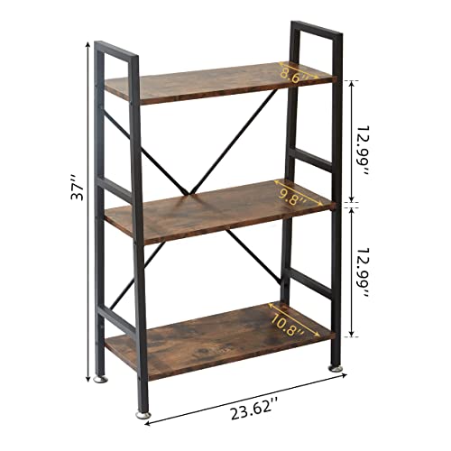 TooCust 3 Tier Open Book Shelf, 37\" x 23\" x 10.8\" 3 Tier Wood Bookshelf, 3 Shelf Bookcase, Vintage Standing Metal Frame Book Shelves, Rustic Brown