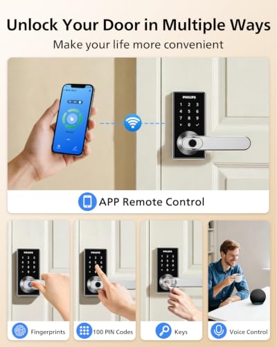 Philips Upgraded Wi-Fi Smart Lock with Handle, Keyless Entry Door Lock, Smart Door Knob, Fingerprint Unlock, App Remote Control, Auto-Lock, Keypad Deadbolt with Lever for Bedrooms, Office, Front Door - image 4