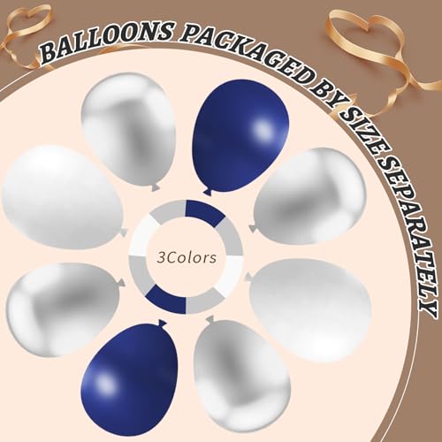 Image of 412Pcs Navy Blue and Silver Balloons Arch Garland Kit,5 10 12 18 inch Navy Blue White Silver Balloons for Birthday Wedding Graduation Anniversary Decorations