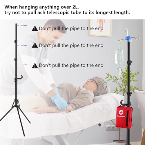 Removable Top IV Pole with 4 Steel Infusion Rack Hook - Portable Travel Tripod IV Pole Stand Adjustable Height for Clinic Home Care Travel