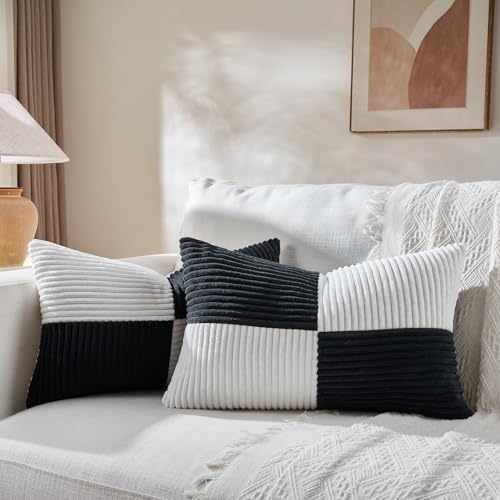 Image of Fancy Homi Set of 2 Black White Long Lumbar Decorative Throw Pillow Covers 12x24 Inch for Couch Bed Sofa, Modern Farmhouse Boho Home Decor, Soft Striped Corduroy Rectangle Accent Cushion Case 30x60 cm