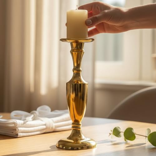 Image of Gold Plated Large Candle Stand /Candle Holder /Modern Design Candle Pillar Candle Holder for Home Decoration (Large (12 inches), Gold)