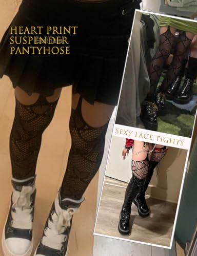 Image of Women Heart Print Lace Tights Lace Stockings High Waist Lace Leggings Suspender Pantyhose