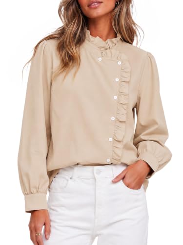 Flowyair Button Down Shirts for Women Casual Long Sleeve Ruffle Fall Tops | long sleeve,asymmetrical button,button cuffs,open front,trendy - image 1