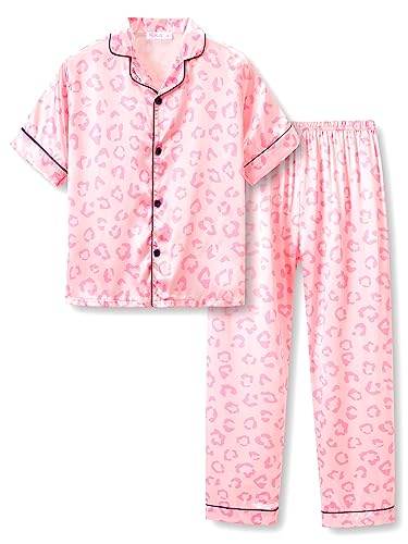Topgal Big Girls Jammies Size 14 &ndash; Lovely Pink Leopard Short Sleeve & Pants Button Down PJ Set...