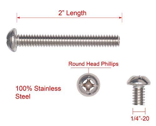 1/4"-20 X 2" Stainless Phillips Round Head Machine Screw, (25pc), Coarse Thread, 18-8 (304) Stainless Steel, by Bolt Dropper
