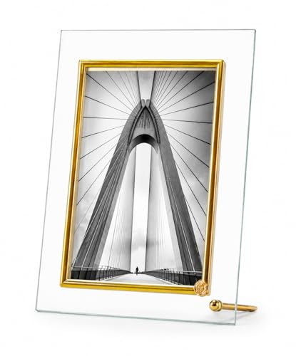 Image of Premium Crystal Glass Photo Frame 5x7 Inch | Elegant Gold Plated Inner Border with Metallic Stand Studs | Transparent Floating Tabletop Wedding Picture Frame for Home & Office Decor by MINT ART