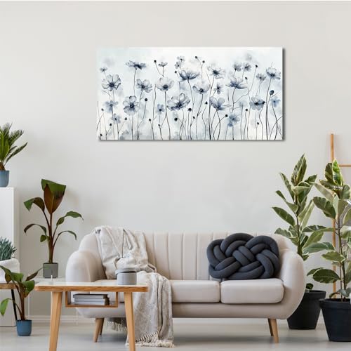 Image of VEAEE Framed Flowers Canvas Wall Art - Indigo Floral Canvas Pictures, Living Room Wall Decor, Botanical Canvas Prints Painting Abstract Artwork Bedroom Office Home Decor 20 inchx 40 inch