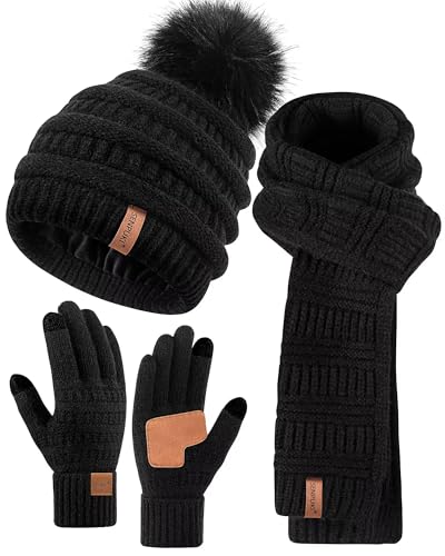 SENPUKI Mütze, Schal & Handschuh-Sets für Damen, Beanie Mütze Damen Winter mit Bommel Fleece Gefütterte, Touchscreen Handschuhe Schal Wärmer Mütze Damen 3-in-1 Geschenk...