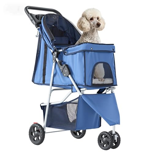 Image of NEWBULIG 3 Wheel Pet Stroller for Dogs and Cats, Foldable, Lightweight and Durable, Ideal for Small to Medium Pets, Includes Storage Basket and Cup Holders