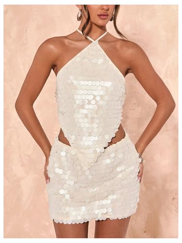 SweatyRocks Women's Sexy Sequin Halter Tops Crisscross Tie Backless Asymmetrical Party Top3