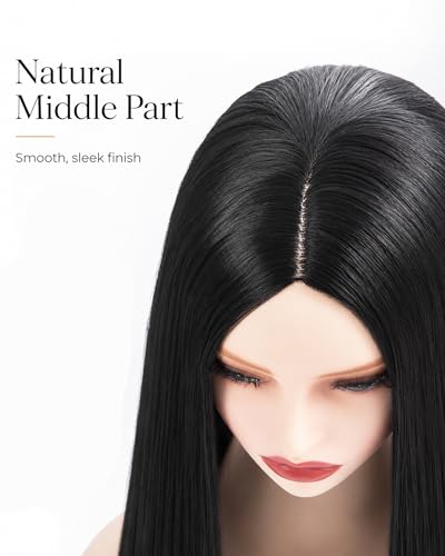Image of Rose bud Wednesday Morticia Wig Black for Anime Costume Halloween Cosplay Party 40 Inch Long Straight Cosplay Black Wig for Women