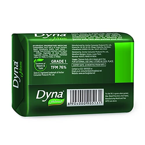 Image of Dyna Naturals Neem & Tulsi Ayurvedic Herbal Bathing Soap 100g x 5 | Grade 1 Soap with 76% TFM | Neem Oil & Tulsi Extracts for Clear, Fresh & Healthy Skin | Gentle Daily Skin Care Soap for Men & Women.