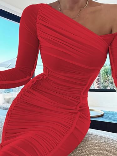 Image of Women's Long Sleeve Mesh Dress - Bodycon Off Shoulder Mesh Ruched Cocktail Club Maxi Dresses
