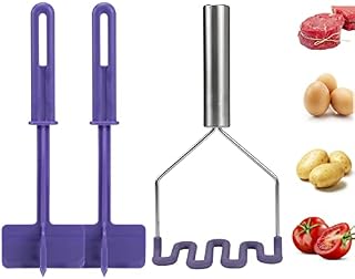 Kmass Kmax 3pack Stainless Steel,Heavy Duty Silicone Potatoes Masher, Non-Scratch Potato Masher Kitchen Tool with Two Non-Stick Heat Resistant Meat Chopper,Hamburger and Beef Chopper (Purple)