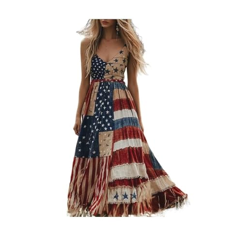 Womens Vintage Independence Day Patch Art Line Patchwork Dress Casual Novelty Dress American Flag Dresses for Women A-Khaki