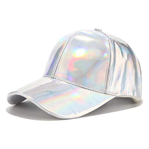 niumanery Women Men Faux Leather Baseball Cap Glitter Metallic Holographic Rainbow Reflective Hip Hop Adjustable Strapback Peaked Hat Silver