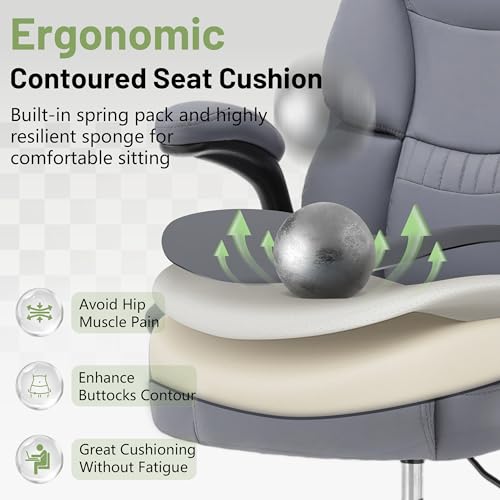Image of 500LBS Drafting Chair, High Back Safer Standing Desk Chair, Executive Tall Office Chair with Flip-up Armrests, Upholstered PU Leather Task Chair, Ergonomic Seat with Adjustable Height&Foot Ring, Grey