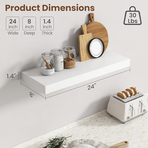 Image of 24 Inch Floating Shelves for Wall, 8 Inch Deep Floating Shelf for Storage & Display, Rustic Wall Mounted Shelf with Invisible Brackets for Living Room, Kitchen, Bathroom, Home Decor, Set of 2, White