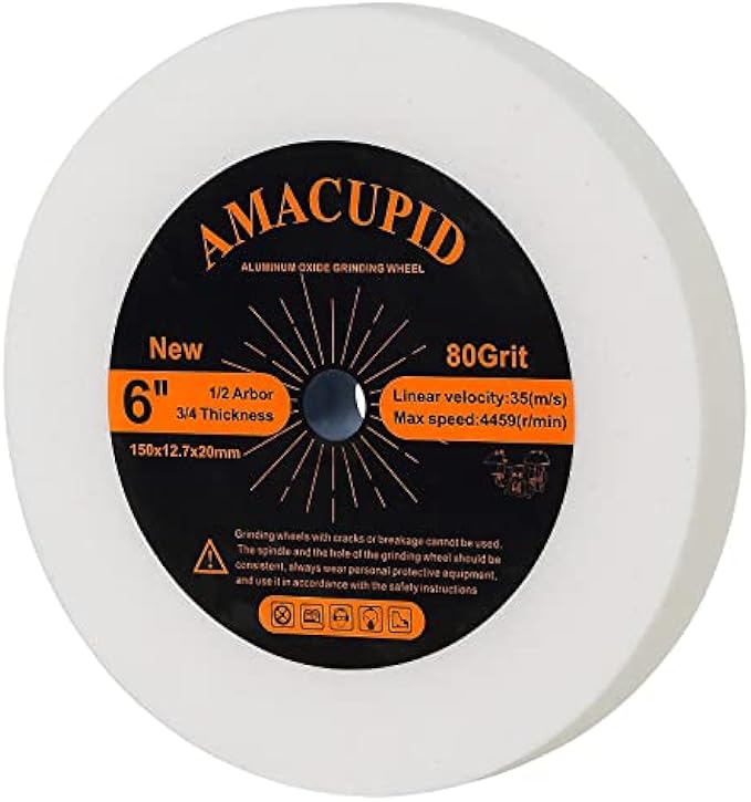 AmaCupid Bench Grinding Wheel 6 inch, for Grinding Sharpening Quenched Steel, High Carbon Steel and Other Hard Tools. Aluminum Oxide Abrasive. 1/2 inch Arbor, 3/4 inch Thickness,80 Grit