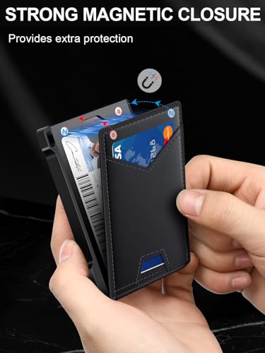 Image of Wallet for Men RFID Wallet with 2 ID Windows & Money Clip, Slim Card Holder | 10-12 Cards Bifold Minimalist Smart Pop Up Wallet for Front Pocket Compact Metal Credit Card Holder Birthday Gifts for Men