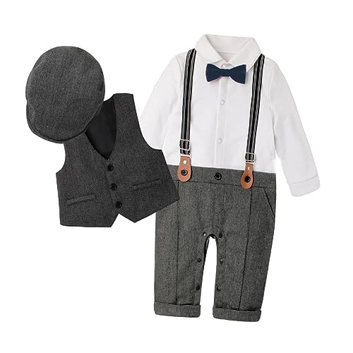 Image of IDOPIP Baby Boy Long Sleeve Gentleman White Shirt Waistcoat Bowtie Tuxedo Jumpsuit Overall Romper Formal Suit Infant Birthday Wedding Christening Baptism Outfit with Beret Hat Gray 4PCS 3-6 Months