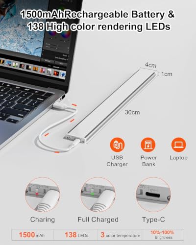 Image of 30 cm Rechargeable Under Cabinet LED Light with Motion Sensor, 138 LEDs, 3 Colour Modes, 1500 mAh Battery and Type-C Charging for Kitchen and Wardrobe