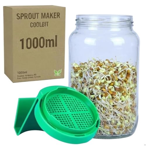Image of COOLBIT Sprout Maker Glass Jar 1000ml - Wide Mouth Seed Sprouter for Mung Bean, Chana & Lentils | BPA-Free Reusable Sprouting Jar for Kitchen & Microgreens. (1000ml Glass)