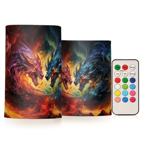 ALAZA Red Blue Dragons in Flames02 Flickering Flameless Candles Battery Operated with Remote Timer,Tea Light Candles LED Pillar Votive Candles Set of 2 for Outdoor Indoor Decorations