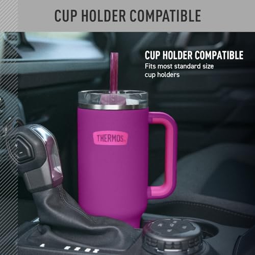 Image of THERMOS Stainless Steel Cup Holder Mug - 40 Ounce, Plum - Insulated Tumbler with Lid and Straw, Plus Leak-Resistant Slide Lock