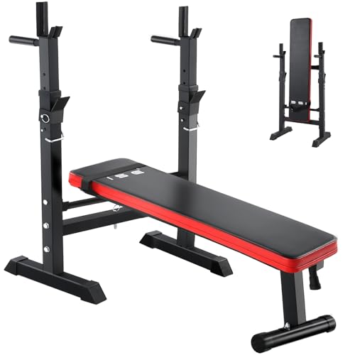 ISE Banco Musculaci&oacute;n Multifuncional con soporte press banca y estaci&oacute;n de dips, Banco De Pesas plegable, Banco Abdominales En Casa, Banco Press Banca, rojo negro