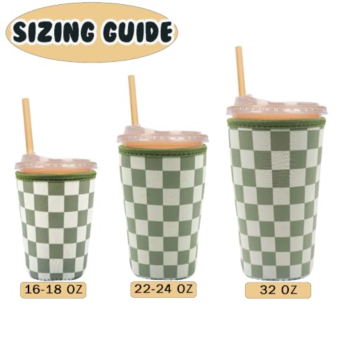 Image of Reusable Insulated Neoprene Iced Coffee Cup Sleeve, Durable Drink Sleeve for Cold Beverages, Beverage Holder for Iced Coffee (Olive Checkers)