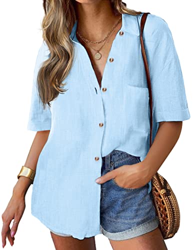 Hotouch Blusa con Botones para Mujer Camisa Informal de Algodón Blusas de Negocios de Ajuste Holgado Ropa de Abrigo de Moda Chaqueta de Verano Blusa con Cuello en V Top Azul Claro L