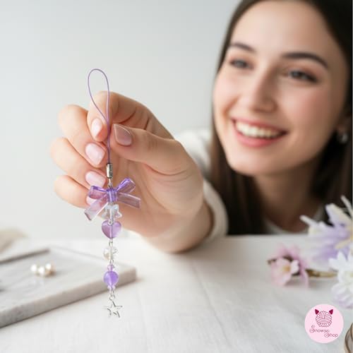 Image of SNOWY SHOP Korean Silver Bow Phone Charm - Cute Heart & Starfish Pendant | Aesthetic Korean Mobile Chain, Bag Hanging & Keychain Jewelry for Girls & Women