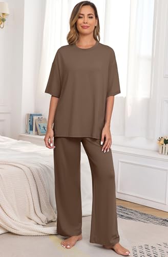 Image of PrinStory Womens Pajamas Sets 2 Piece Lounge Set Short Sleeve Tops and Long Pants Soft Pjs Loungewear with Pockets