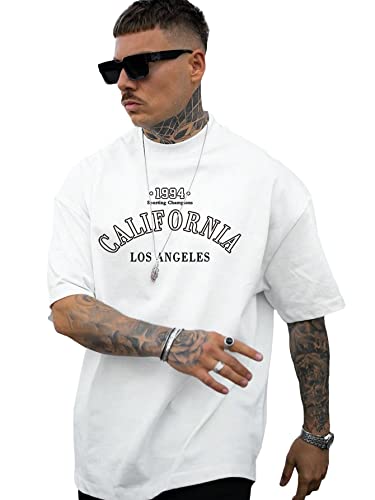 GORGLITTER Men's Crewneck T Shirt Letter Graphic Short Sleeve Casual Drop Shoulder Oversized Tee