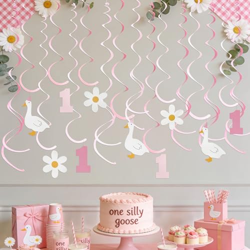 Image of 24Pcs Pink One Silly Goose Hanging Swirl Decorations Daisy Felt Swirl Streamer Spiral Ceiling Garland for Silly Goose Themed First Birthday Happy 1st Birthday Party Supplies